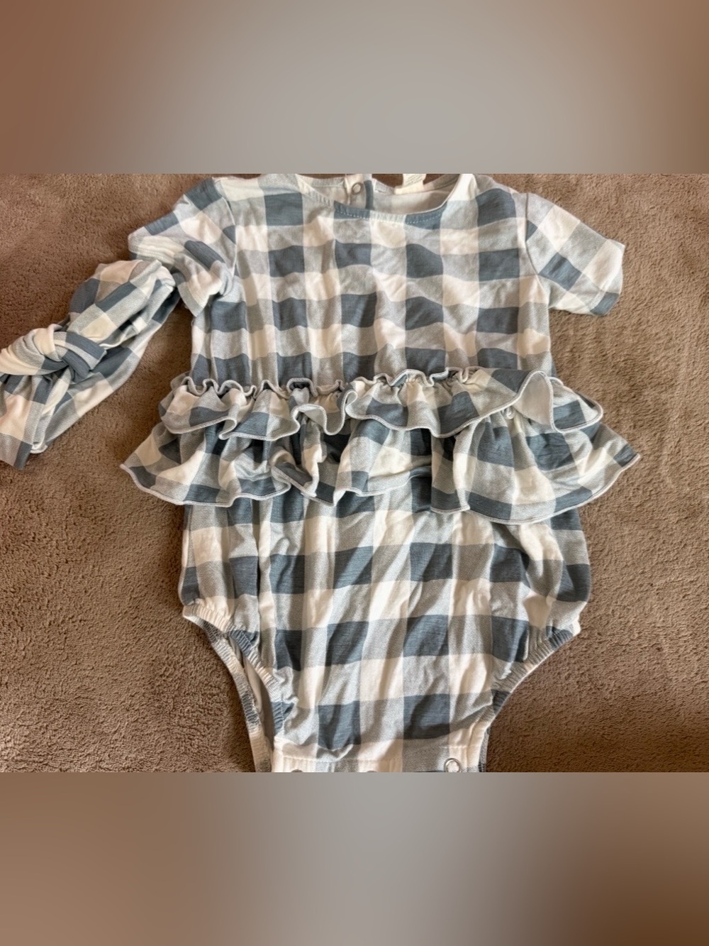 Kate Quinn Gingham Ruffle Baby Romper with matching headband